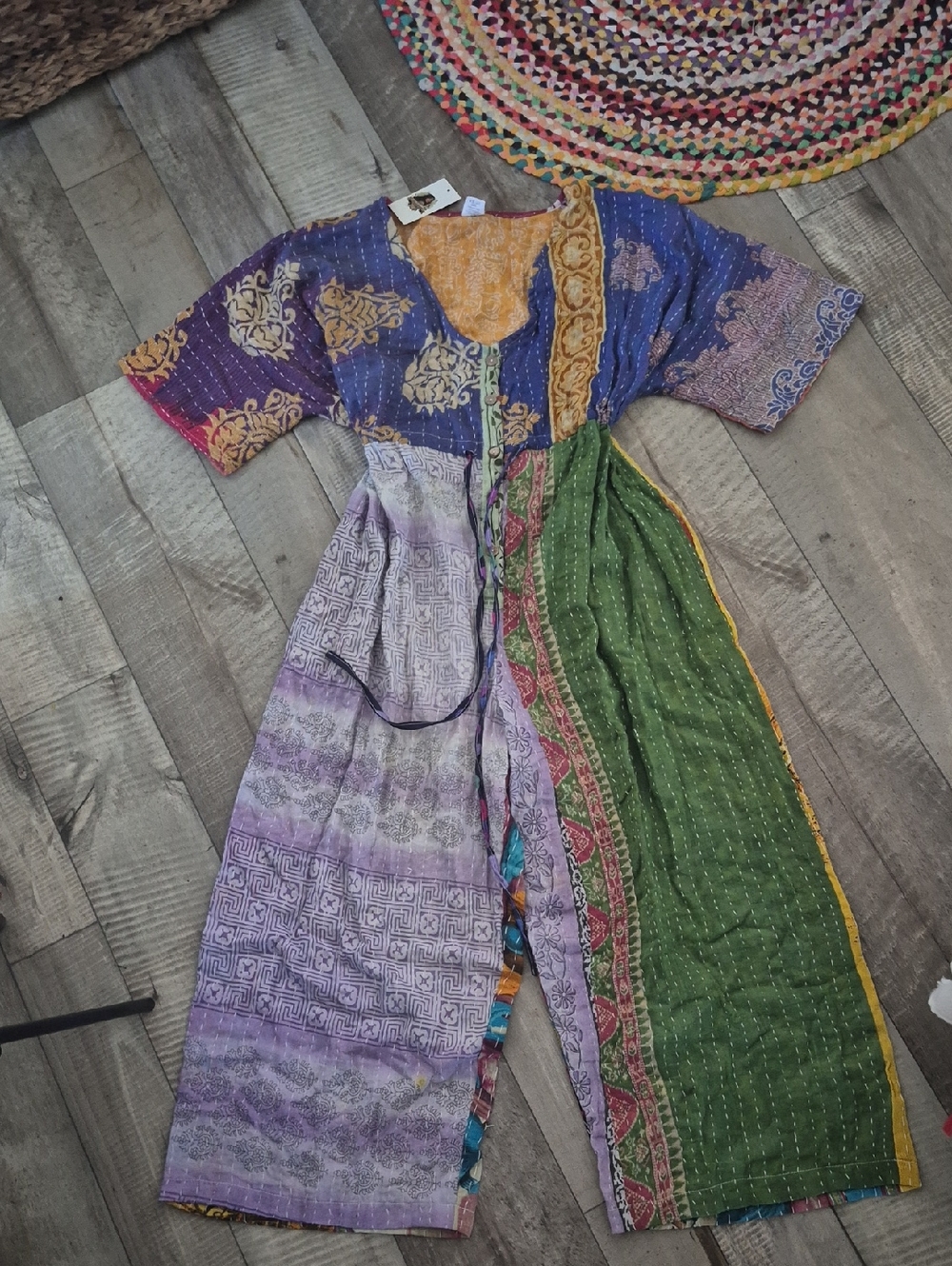 Custom High Quality Kantha Bohemian Patchwork Wide-Leg Jumpsuit Adjustable NWT - Picture 11 of 11
